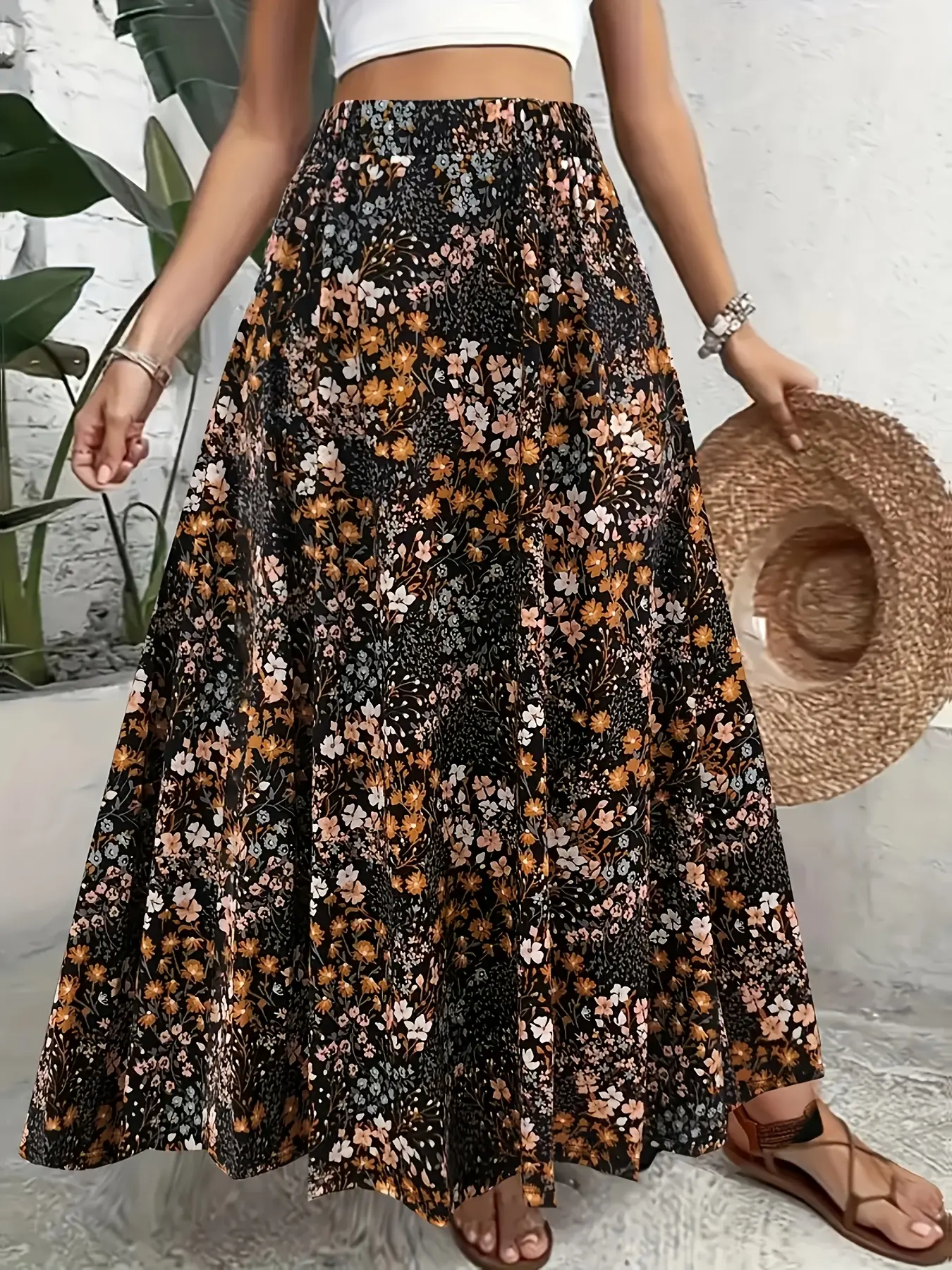 Women's Casual Loose Chic Boho Bohemian Digital Floral Geometric Print Maxi Floral Printed Skirt Bottoms, Ladies' Fashionable Half-Sleeve Dress, Perfect for Daily Wear & Stylish