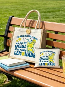 Printed handbag set with fresh lemon pattern, including a large-capacity handbag and a zippered cosmetic bag, a multi-functional beach bag for summer, a casual travel handbag, a stylish shopping bag