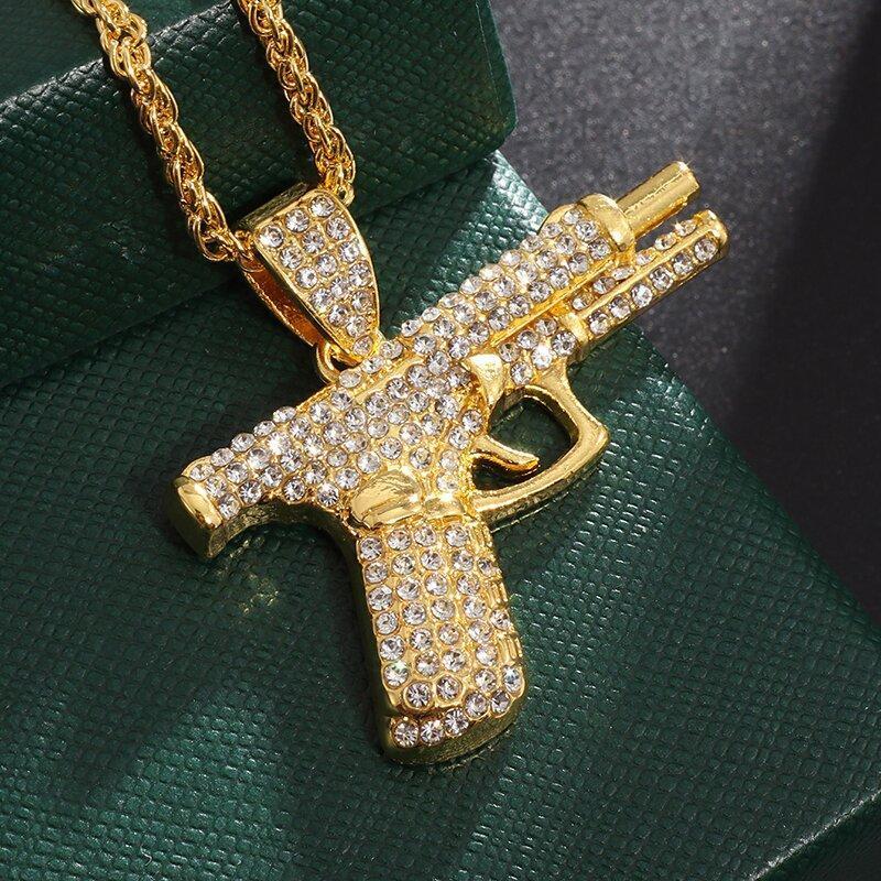Bling Iced-Out Pistol Pendant Necklace for Men, Hip Hop Street Style Jewelry, Rhinestone Inlay Statement Accessory