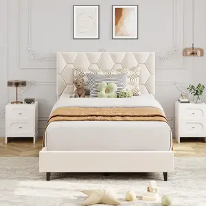 Garvee - Single Size Platform Bed Frame with Upholstered Headboard and Wooden Slat Support, Upholstered Base for Mattress, No Box Spring Needed, Easy Assembly, Beige Color