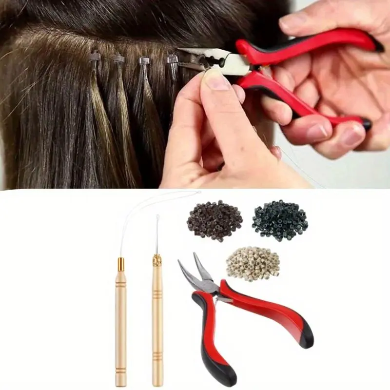 Professional Wood Hair Extension Tools Kit with Anti-Slip Grip Pliers, Pulling Hook, 600 Pieces Silicone-Lined Micro Rings (3 Colors) - Salon Equipment for Adults DIY Haircare, Barbershop Tool Kit, Silicone Beads, Soft Silicone