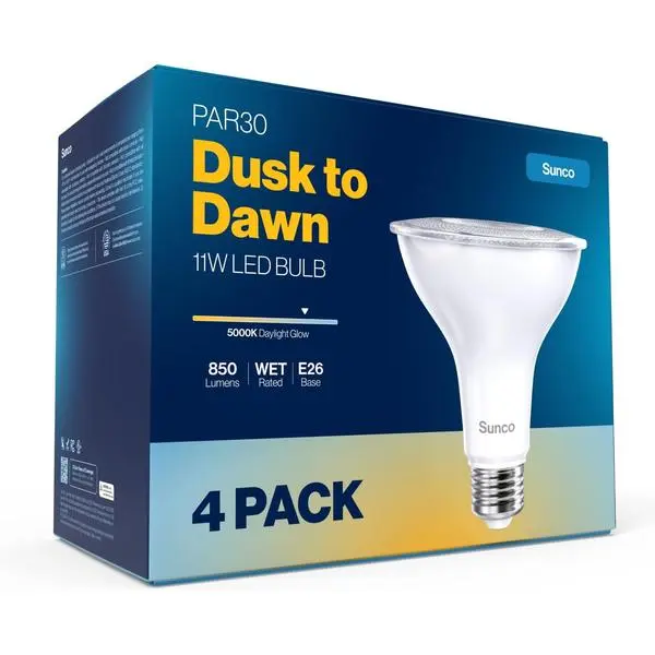 Sunco 4 Pack PAR30 LED Dusk to Dawn Light Bulbs, 850 Lumens, 11W, 5000K Daylight, Non-Dimmable, E26, Wet Rated Outdoor Flood Light Bulb with Photocell Sensor, for Porch, Patio, Backyard, UL