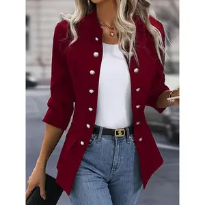 Solid-color button-front sports blazer, elegant long-sleeve office/work blazer, women’s clothing