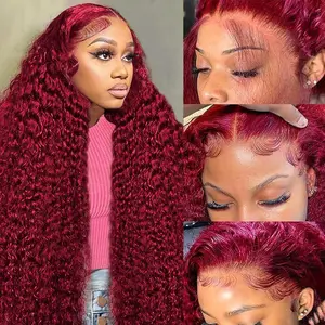 Zlzlblbl 30 Inch 99J Burgundy Curly Wave Lace Front Wigs Human Hair 200% Density 13x6 HD Lace Frontal Wigs for Women
