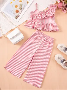 Toddler Girl's Striped Print Sweater Co-ord Set, Cute Frill Trim Top & Wide Leg Pants, Casual Summer Clothes for Kids