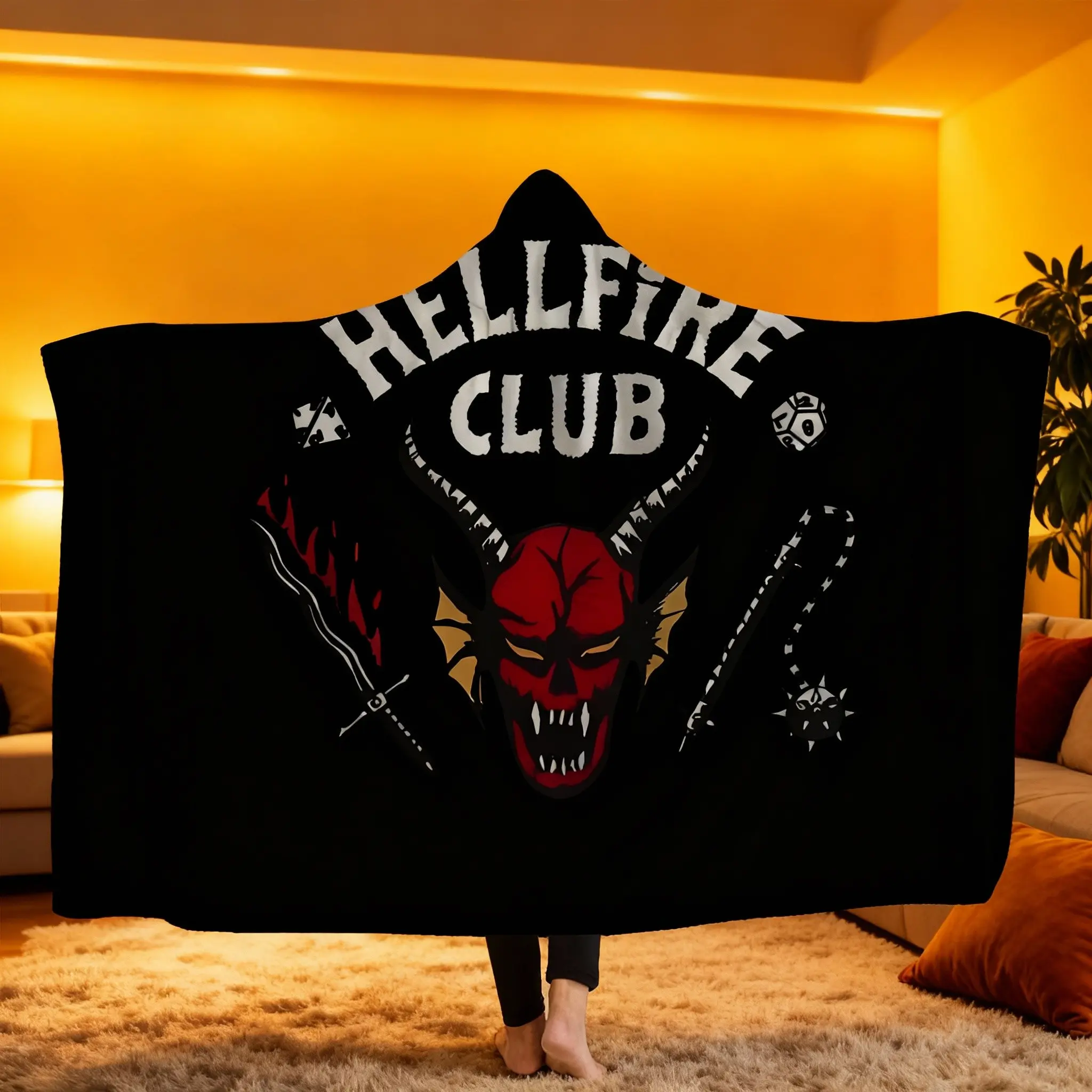 Stranger Things Hellfire Club Pattern Cozy Hooded Blanket, Digital