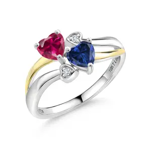 1.12 Cttw Red Created Ruby Blue Created Sapphire and White Lab Grown Diamond Ring For Women | 925 Silver and 10K Yellow Gold | Heart Shape 5MM | Available In Size 5, 6, 7, 8, 9