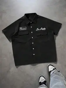 Men's Streetwear Cargo Shirt Pocket Los Angeles Print Casual Short Sleeve Button Down Top Lightweight Breathable Workwear Jacket Style Blouse for Daily Wear
