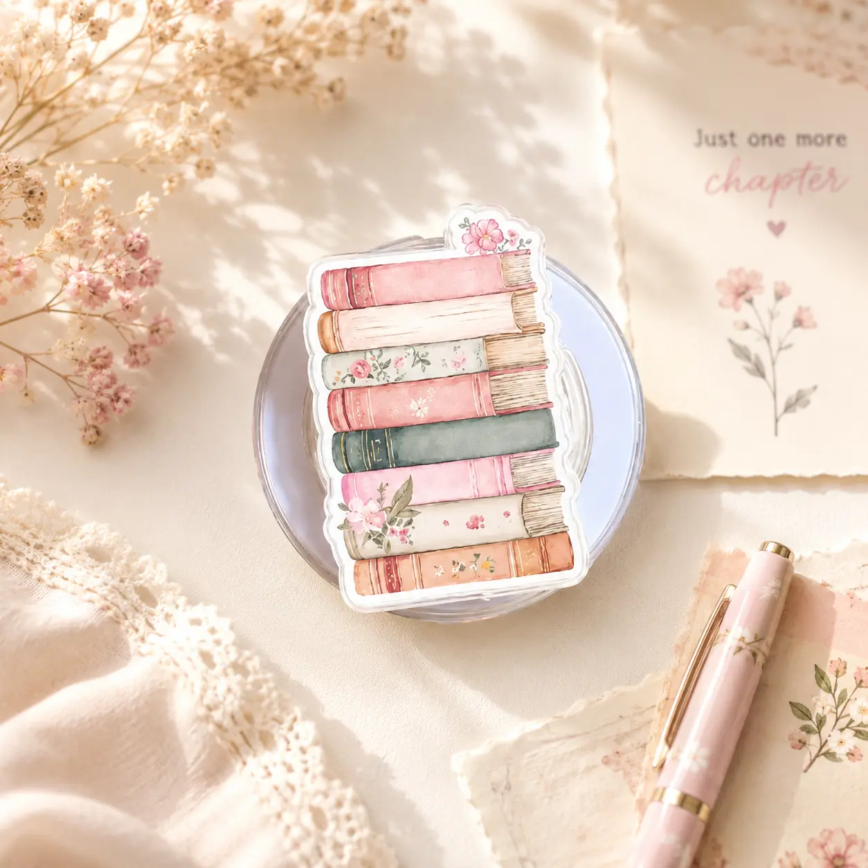 Vintage Floral Book Stack Magnetic Phone Grip, Cozy Book Lover Phone Holder, Romantic Reading Aesthetic MagSafe Grip, Kindle Stand, Reader Gift