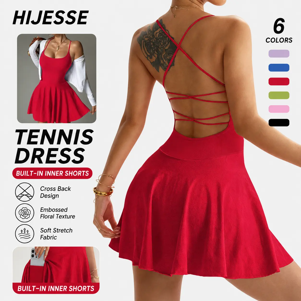 Hijesse Women Embossed Floral Textured Cross Back Active Dress, Sleeveless Breathable 2-in-1 Skort Dress with Side Pocket, All Seasons Casual Tennis Workout Dress