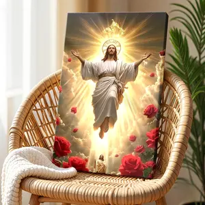 1pc Easter Day Wrapped Framed Canvas Wall Art, Vintage Prints Poster, Jesus On The Cross Surrounded By Roses, Perfect Gift Decor, Wall Art for Living Room Bedroom Office, Hanging Hardware Included - Framed, Vertical Decoration Painting Ornaments