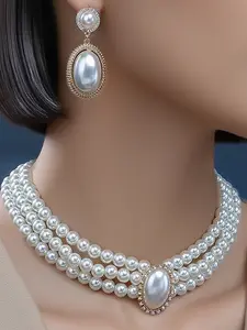 Elegant Pearl Alloy Rhinestone Necklace Earrings Set, Fashionable All-Season Wear, Stylish Jewelry for Women, Trendy Jewelry Set, Matching Jewelry Set