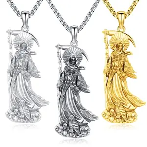 DRINSPER Santa Muerte Necklace 925 Sterling Silver Penant Necklace, Grim Reaper, Death Personified, Mythology Jewelry Necklace Gift for Men Women
