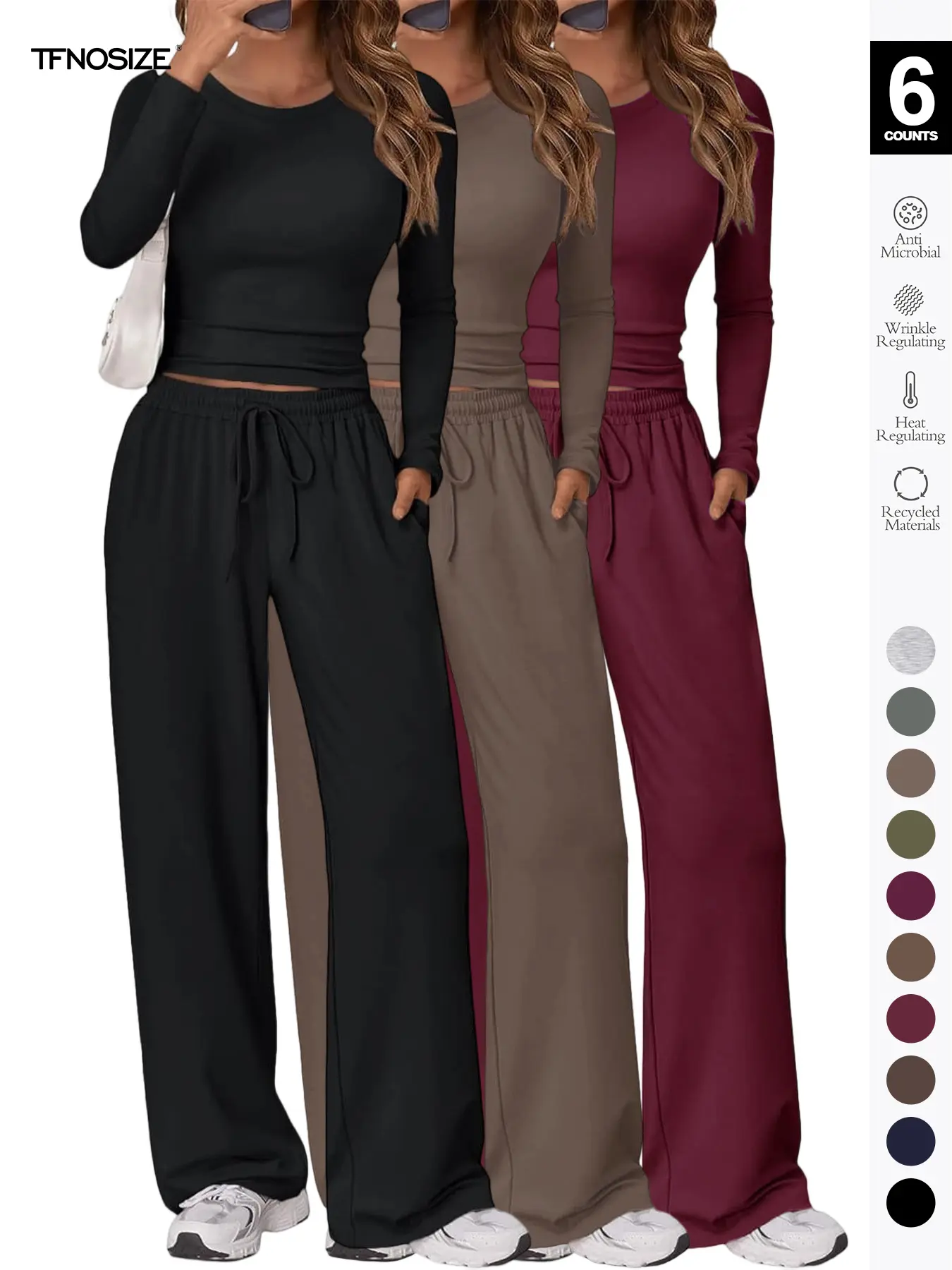 Women's 2 Piece Matching Loungewear Set, Long Sleeve Slightly Crop Fitted Top & Wide Leg Drawstring Pants, Casual Sweatsuit for Fall & Winter Women's 2 Piece Matching Loungewear Set, Long Sleeve Slightly Crop Fitted Top & Wide Leg Drawstring Pants, Casual Sweatsuit for Fall & Winter