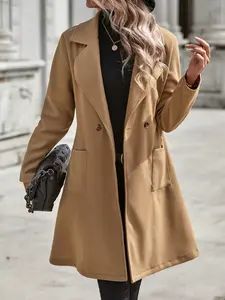 Camel Color Wool Blend Coat Womenswear Jackets, Long Loose Fit Double-Breasted Design, Vintage Elegant Style, Suitable for Autumn Winter Daily Wear & Workplace