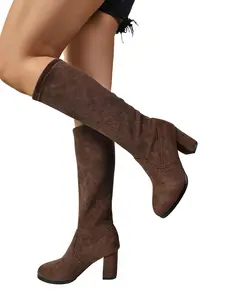 Women's Elegant High Heel Boots, Faux Fur Knee-High Slim Fit Long Booties, Casual Boots, Classic Trendy Coffee Elastic 7.5cm Heels