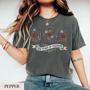 Comfort Colors Floral USA 250 Years Anniversary TShirt, Western Independence Day, 4th of July Tee Patriotic Gift Retro America, 1776 Vintage