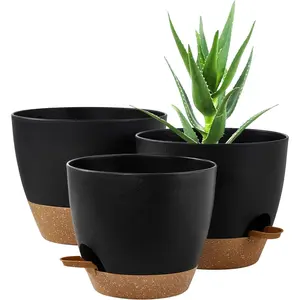 3-Pack Planter Pots, 10 9 8 Inch Self Watering Flower Pots for Indoor Outdoor Garden , Black with Brown
