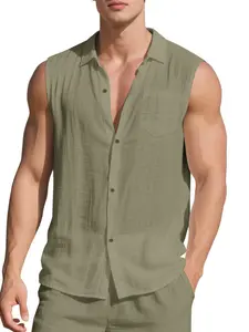 Men's Linen Cotton Sleeveless Button Down Shirt, Collared Casual Loose Fit Breathable Blouse with Pocket, Summer Lightweight Tops for Beach Vacation Daily Wear