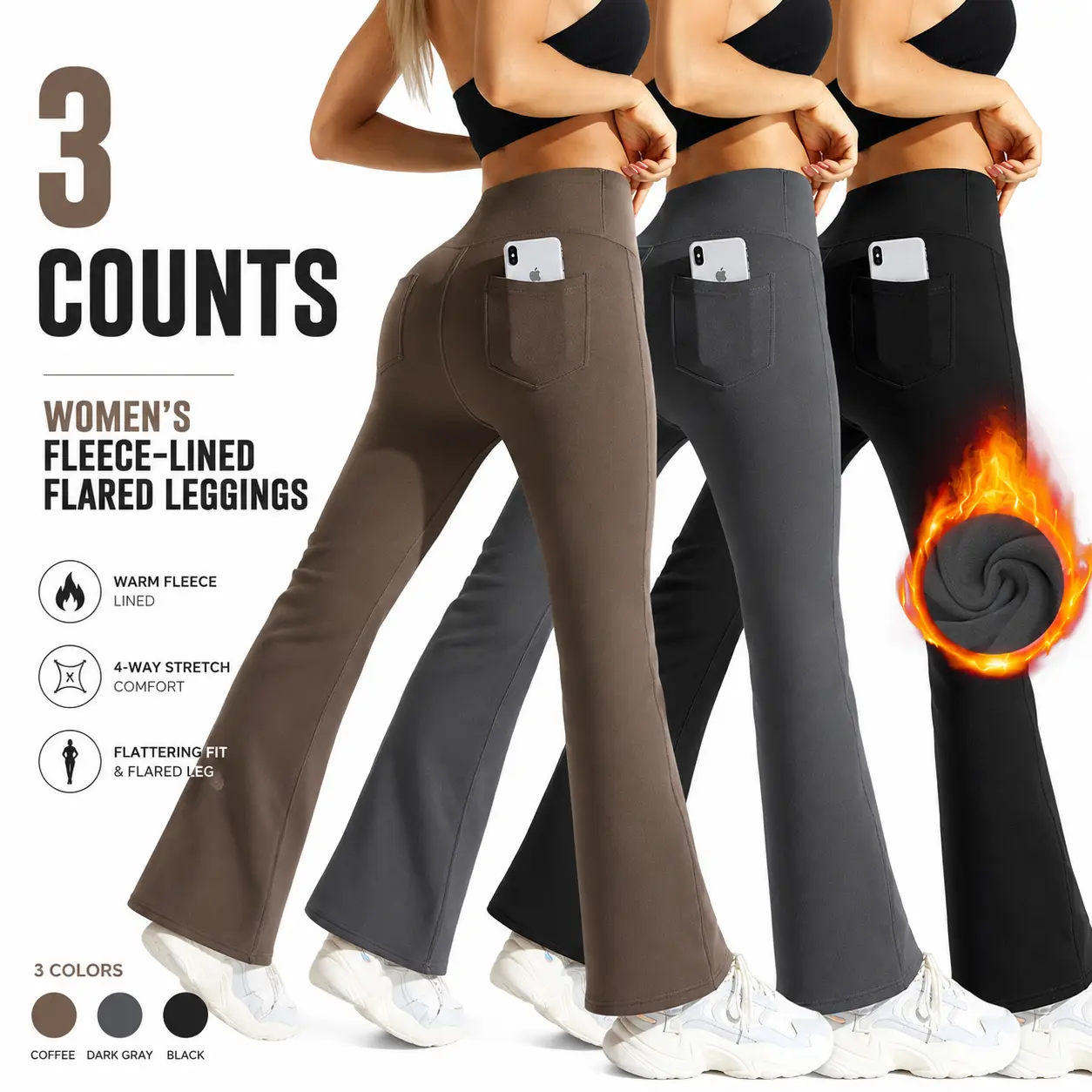HIJESSE Women's Fleece-Lined Flared Leggings - High Waist Smooth Supportive Fit with Back Pocket for Phone - 3 Colors Available - Soft Warmth for Winter