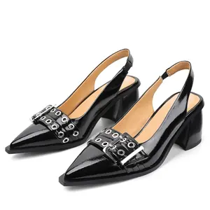 Womens Buckle Slingback Pumps Low Heel Closed Pointed Toe Slingback Pump Classic Patent Leather Summer