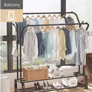 Double-pole movable clothes hanger with wheels, 4 hooks, multi-functional bedroom clothes hanger