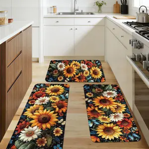 1/2/3pcs Bohemian Kitchen Mat Set, Floral Mat, Butterfly Mat, Black Mat, Kitchen Cushion Mat, Flannel Material Anti-Slip Soft and Comfortable Easy to Clean, Suitable for Bedroom, Living Room, Dining Room, Kitchen, Bathroom, Entrance Mat, Floor Mat