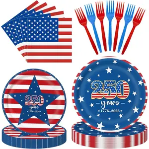 96 Pieces 4th of July 250th Anniversary Tableware Set – Patriotic Disposable Plates, Napkins, and Assorted Color Forks for Independence Day Party, Memorial Day, BBQ, and USA Celebration – Serves 24