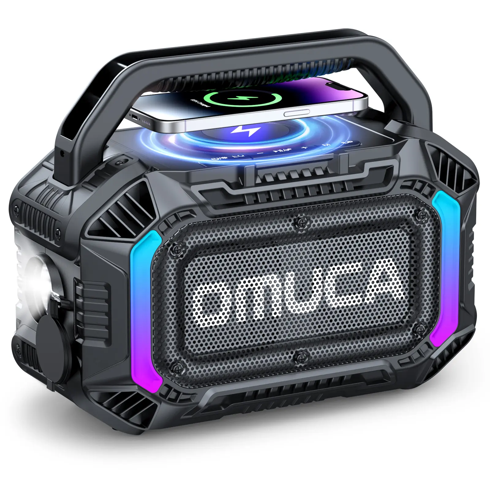 OMUCA Portable BT Outdoor Speaker - Loud, Waterproof Floatable, Wireless Charging, TWS Bass Speaker for Work, Garage (Black)