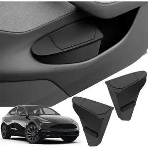 Front Door Storage Organizer Compatible with Tesla Model Y Juniper 2025 2026, 2 PCS Car Trash Can Trash Bin with Push-Open Lid Waterproof Side Door Storage Box - Black