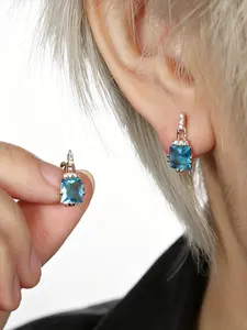 Unisex Square Blue Cubic Zirconia Earrings, Festival Party Jewelry Gift, Synthetic Colored Gemstone, Zinc Alloy Chain, Metal Coating