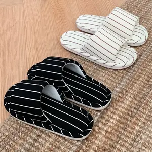 Stripe Slippers for Women Men Plush Home Slides Warm Fall Winter Bedroom Linen Footwear Indoor Outdoor Comfort Walking Shoes Girl