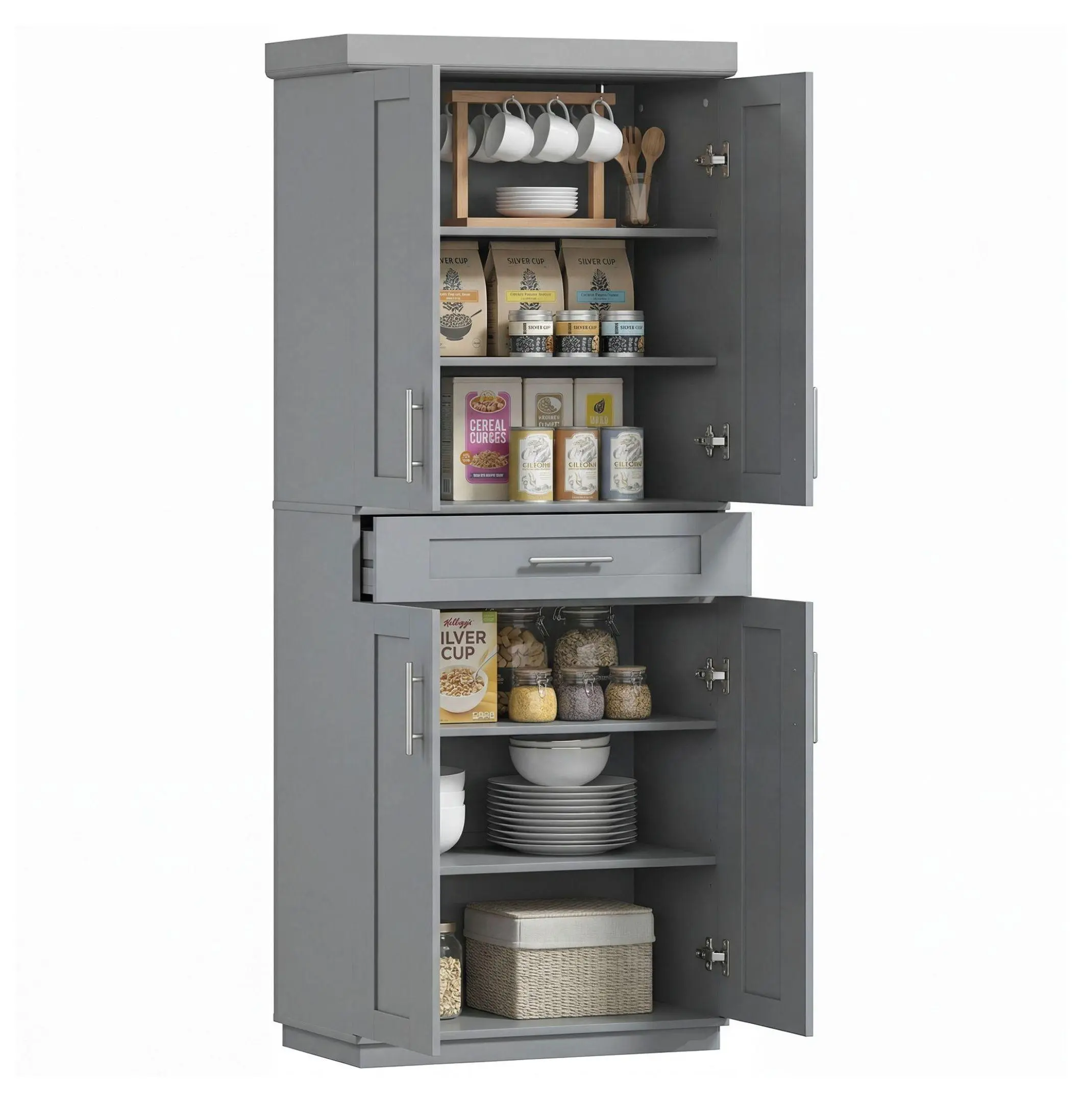 Gray Rectangular Freestanding Kitchen Pantry Cabinet with Door & Drawer, Indoor Furniture Room Divider