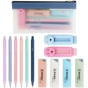 Mechanical Pencil Set - 6 count 0.5mm Cute Pastel Mechanical Pencils, 2Push-Pull Retractable Eraser with 80 count HB 0.5 Lead Refill and Clear Zipper bag Pencil Kit for Art, Drawing Pencils for Sketching
