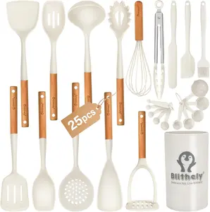 Large Silicone Kitchen Utensils Set with Holder, 25Pcs Cooking Utensil Set with Wooden Handle, Heat Resistant Spatula Sets for Cooking, BPA Free Silicone Utensils Set for Non-Stick Cookware(White)