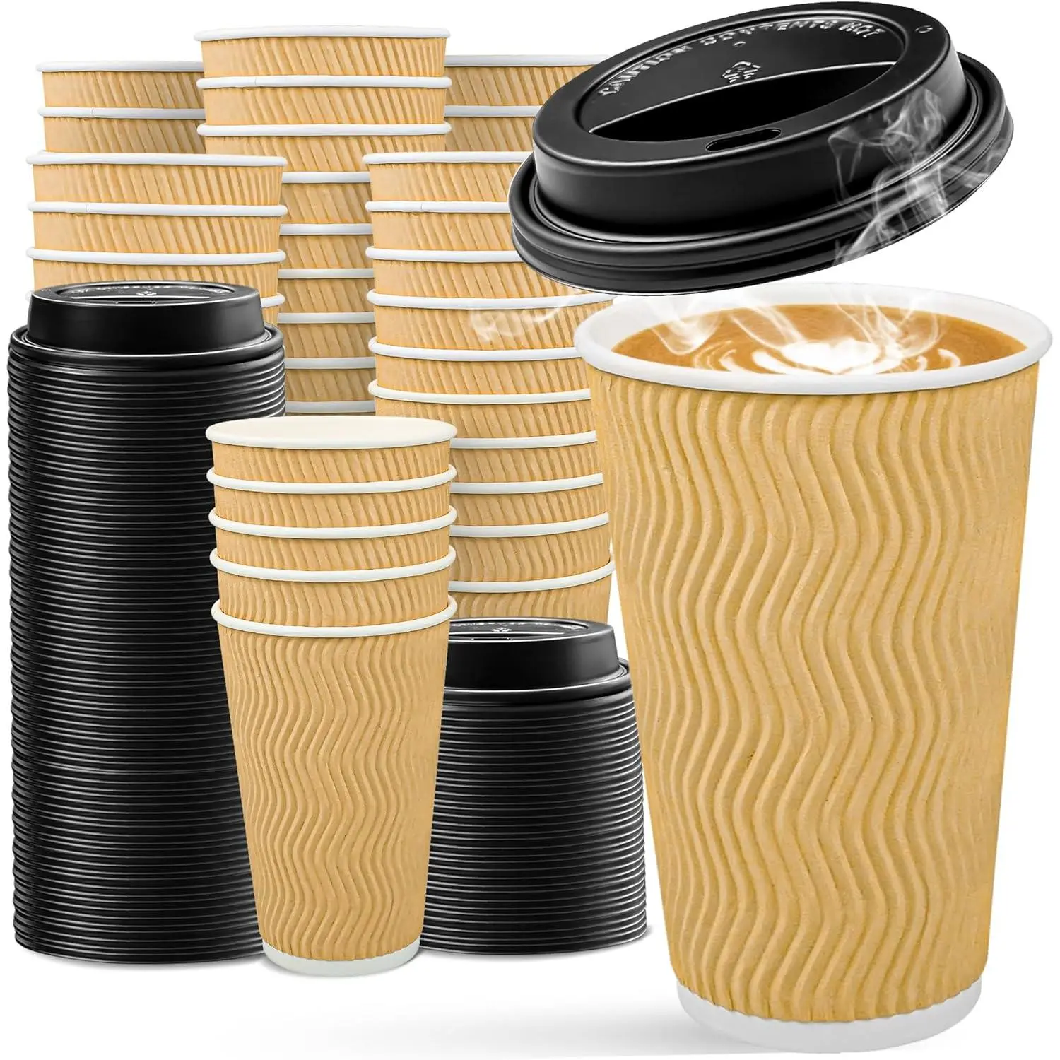 16oz Disposable Insulated Ripple Wall Coffee Cups - 100-Pack Durable Beige To Go Cups with Anti-Slip Wave Design, Anti-Scald, Heat-Resistant, Leak-Proof Disposable Tableware for Coffee Bar, Travel
