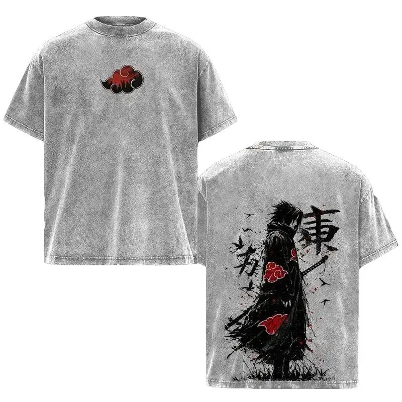 Men's ST 100% Cotton Retro Heavy Limited Sasuke Naruto Anime Double Printed Vintage Washed Tee Unisex Anime Manga Washed Heavyweight Cotton T-shirt Gift For Anime Fan, Anime Lover Unisex Casual Streetwear Manga Graphic Tee Menswear Distressed Tshirt