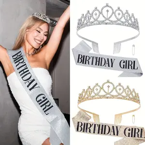 2Pcs Birthday Girl Tiara & Sash Set ✨ 3 Colors Bling Rhinestone Crown + Glitter Sash for Bachelorette/Party! Perfect Birthday Queen Accessory 🎉