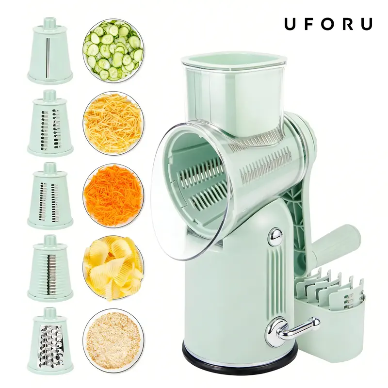 UFORU 5-in-1 Stainless Steel Rotary Cheese Grater & Vegetable Cutter Kitchen Appliance Utensils - Hand Rotary Crank, Wide Feed Chute, Smooth Transparent Blade, Suction Base, Safety Handle, Easy to Assemble, Grind Nuts & Choc, Hands-Free Prep