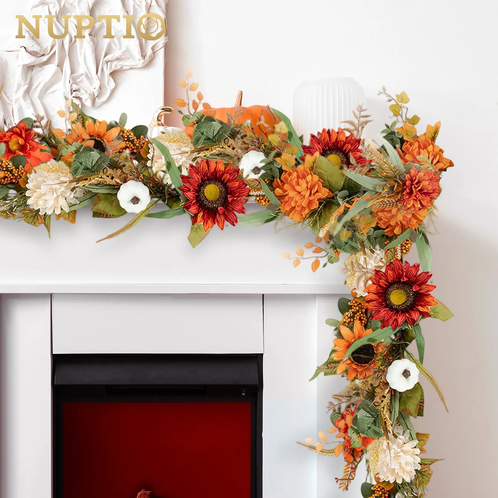 Fall Leaves Garland with Pumpkin: 6ft Fall Decor for Door Mantle Fireplace Party Dining Table - Artificial Sunflower Daisy Autumn Decorations for Thanksgiving Harvest