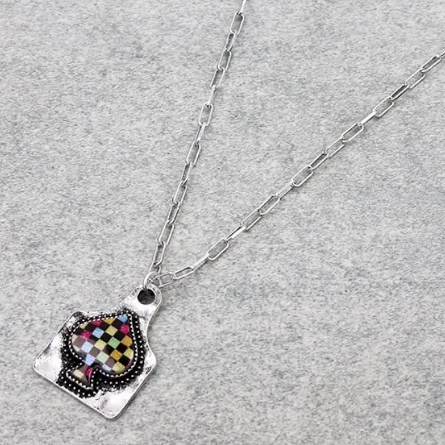 Rainbow Spade Checker Necklace with Paper Clip Chain - Unique Design Accessory