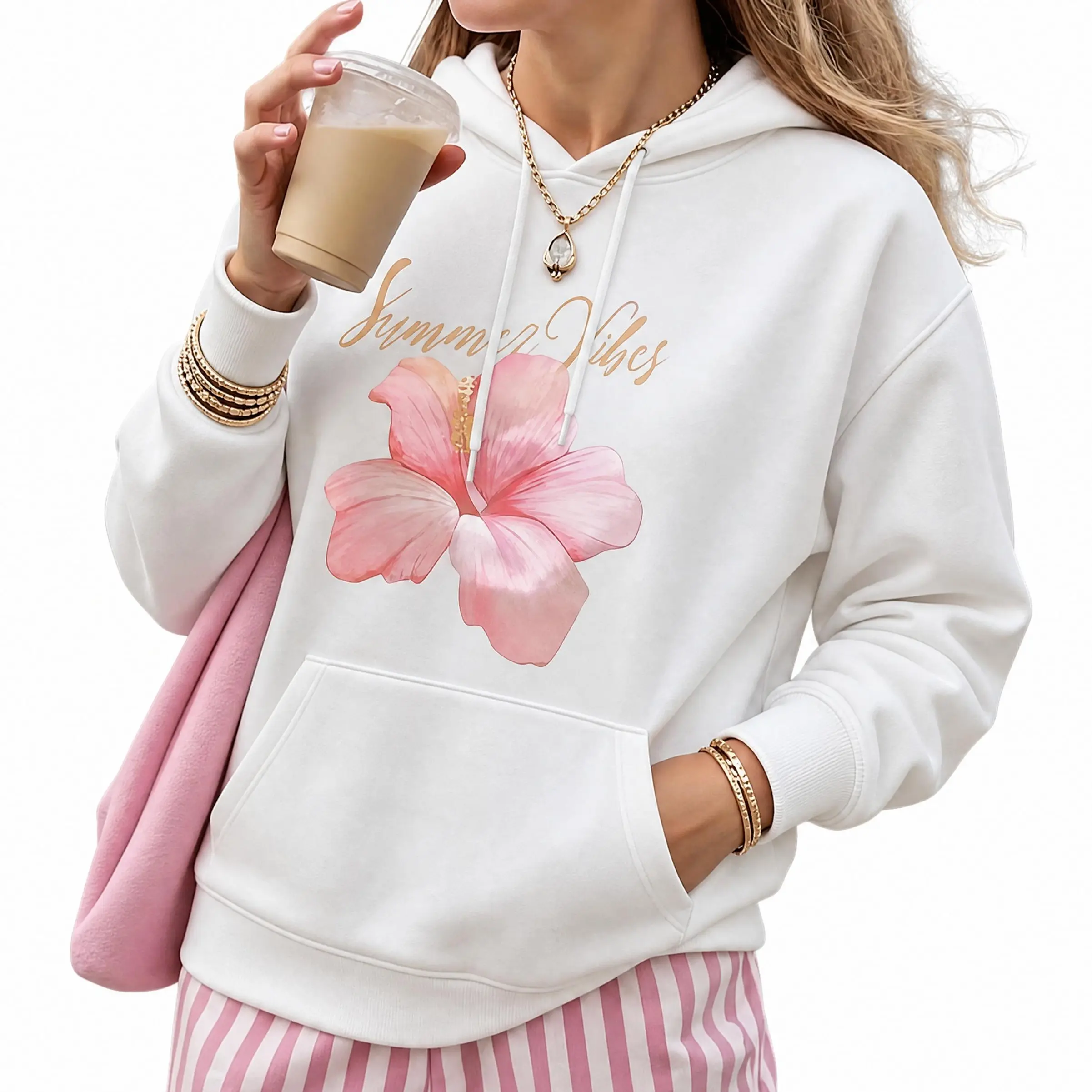 Women's Floral Graphic Hoodie, 280G Heavyweight Premium Pullover Sweatshirt, Pink Flower Oversized Cozy Hoodie, Casual Streetwear Hoodie for Women