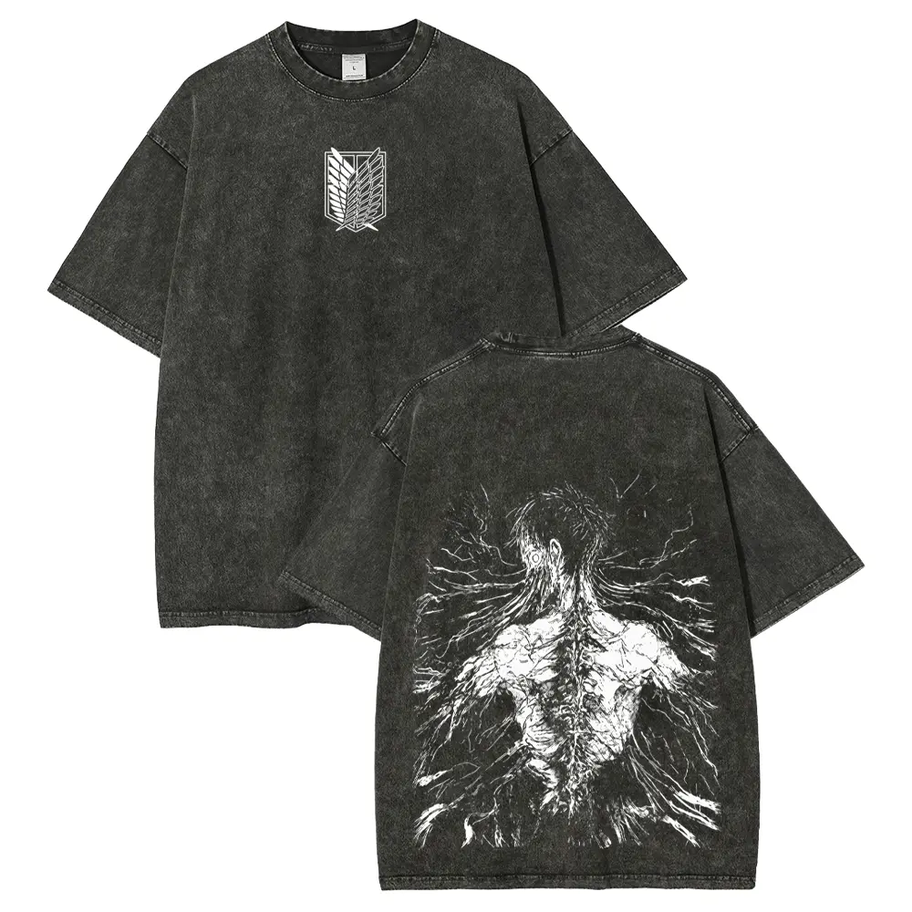 Attack On Titan Anime Double Printed Vintage Washed Tee, AOT Shirts - Eren Acid Wash Shirt Graphic Tee Casual Menswear Soft Top,Unisex Oversize Anime Manga Washed Heavyweight Cotton T-shirt, Gift For Anime Fan Lover