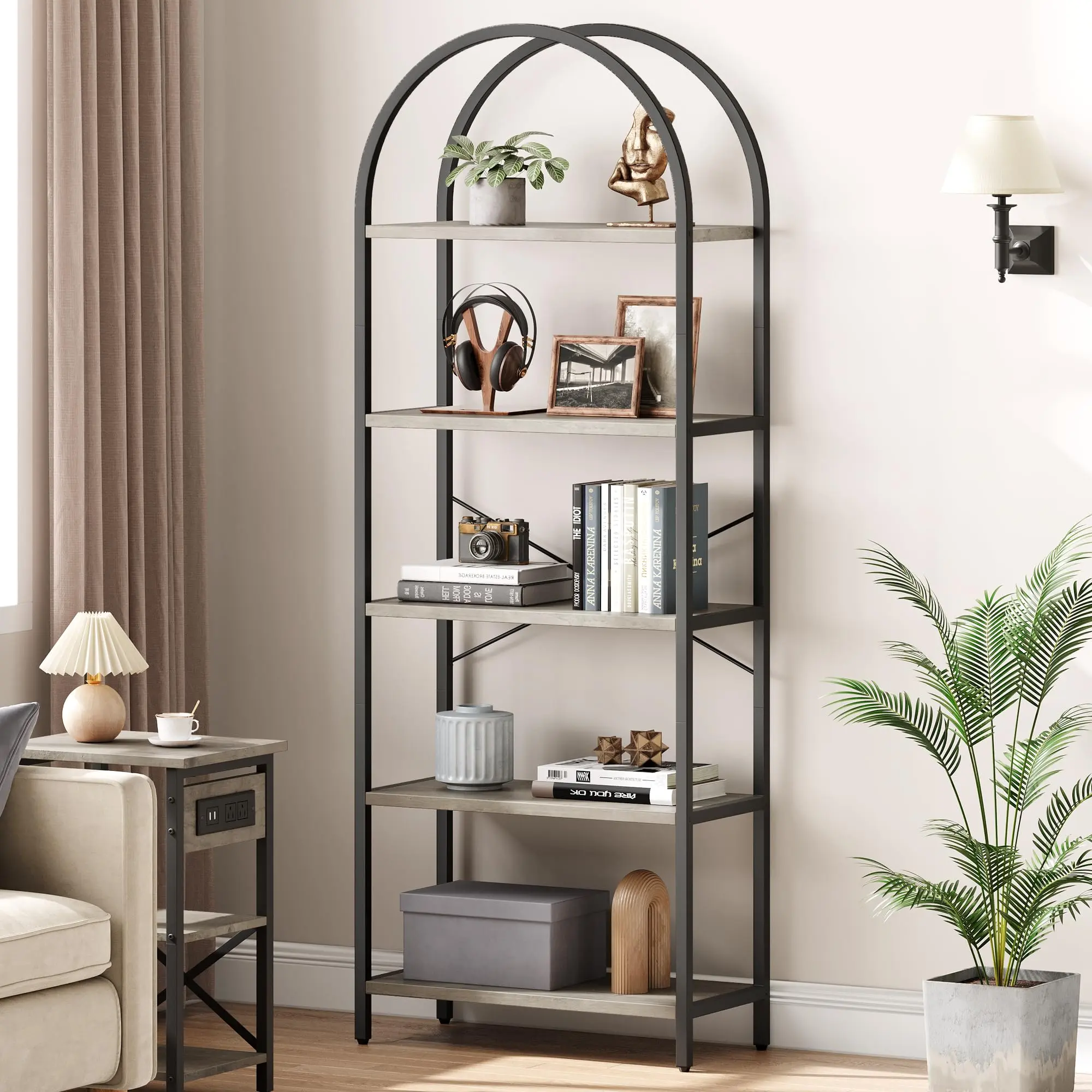 Garvee 5-Tier Open Industrial Bookshelf, 71" Tall Arched Furniture with Metal Frame, Floor Standing Storage Display Rack for Living Room, Home Office, Grey