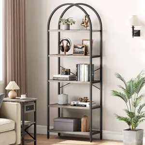 Garvee 5-Tier Bookshelf, Arched Bookcase with Metal Frame, 71" Tall Industrial Farmhouse Storage Shelf, Floor Standing Bookshelf Arched Display Racks for Living Room, Bedroom & Home Office, Grey