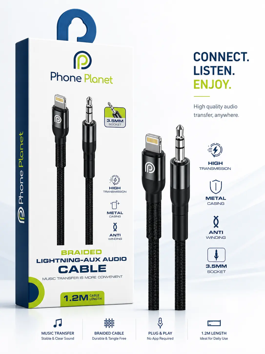 Phone Planet Braided Lightning-AUX Audio Cable 1.2M