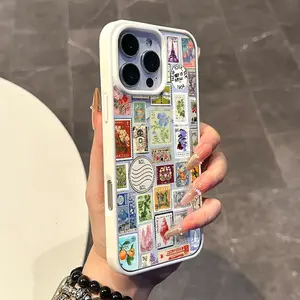 Chic Magnetic Silicone Smartphone Casing, Kawaii Vintage World Stamps Collage Pattern for iPhone 11/12/13/14/15/16/17 Pro/ProMax/Plus, Lightweight, Shockproof, Scratch-Resistant Handheld Cellphone Accessory