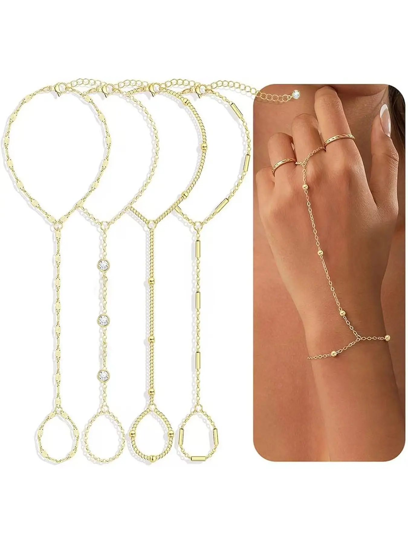 4 Pcs Gold Hand Chain Bracelets for Women, Dainty Gold Plated Ring Bracelet Hand Chain, Stackable Design Layered Bracelet Set Beaded Cubic Zirconia Bracelet Stack Jewelry Gifts