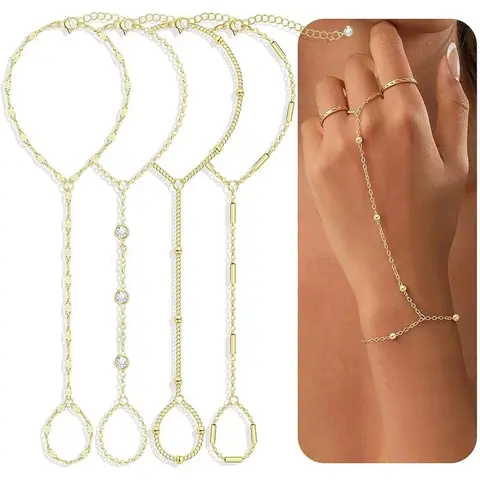 4 Pcs Gold Hand Chain Bracelets for Women, Dainty Gold Plated Ring Bracelet Hand Chain, Stackable Design Layered Bracelet Set Beaded Cubic Zirconia Bracelet Stack Jewelry Gifts Jewelry Accessories, Stacked Design Bracelets