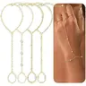 4 Pcs Gold Hand Chain Bracelets for Women, Dainty Gold Plated Ring Bracelet Hand Chain, Stackable Design Layered Bracelet Set Beaded Cubic Zirconia Bracelet Stack Jewelry Gifts Jewelry Accessories, Stacked Design Bracelets